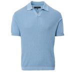 The Rag & Bone Saxon Silk-Cotton Polo Shirt is a light blue, short-sleeve knit with a textured front panel, Johnny collar, and V-neck opening, shown on a plain white background.