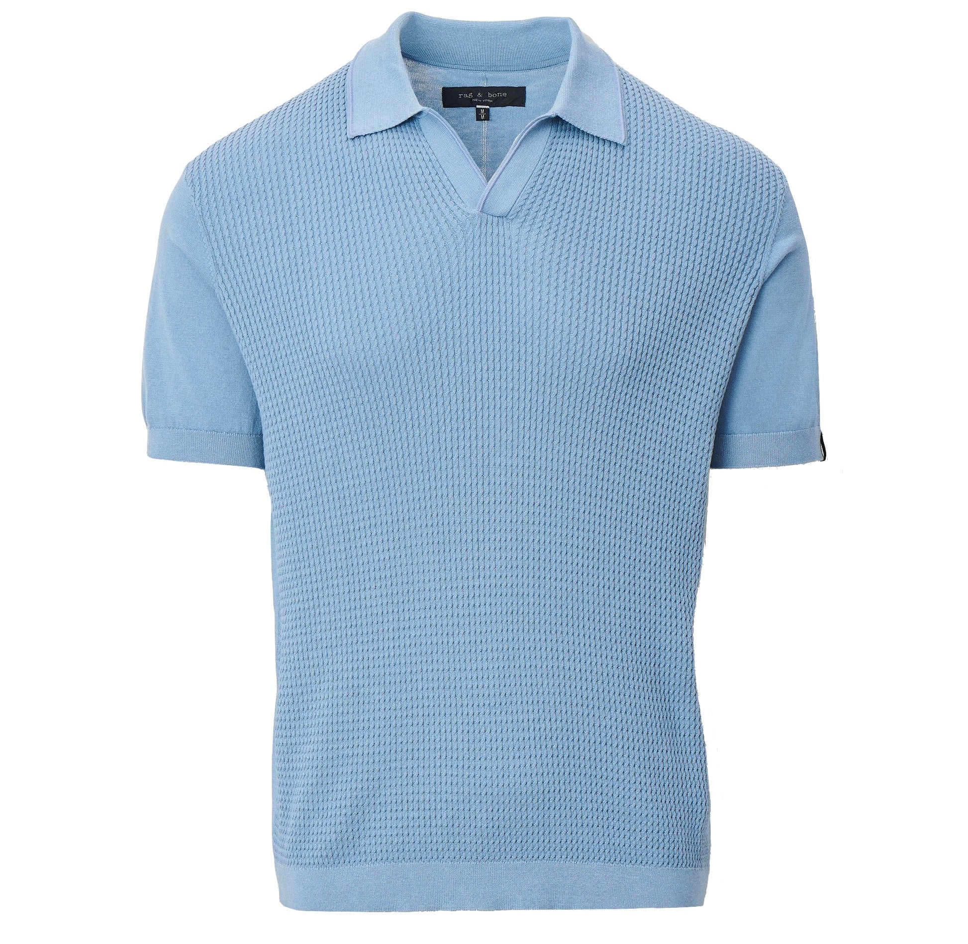 The Rag & Bone Saxon Silk-Cotton Polo Shirt is a light blue, short-sleeve knit with a textured front panel, Johnny collar, and V-neck opening, shown on a plain white background.
