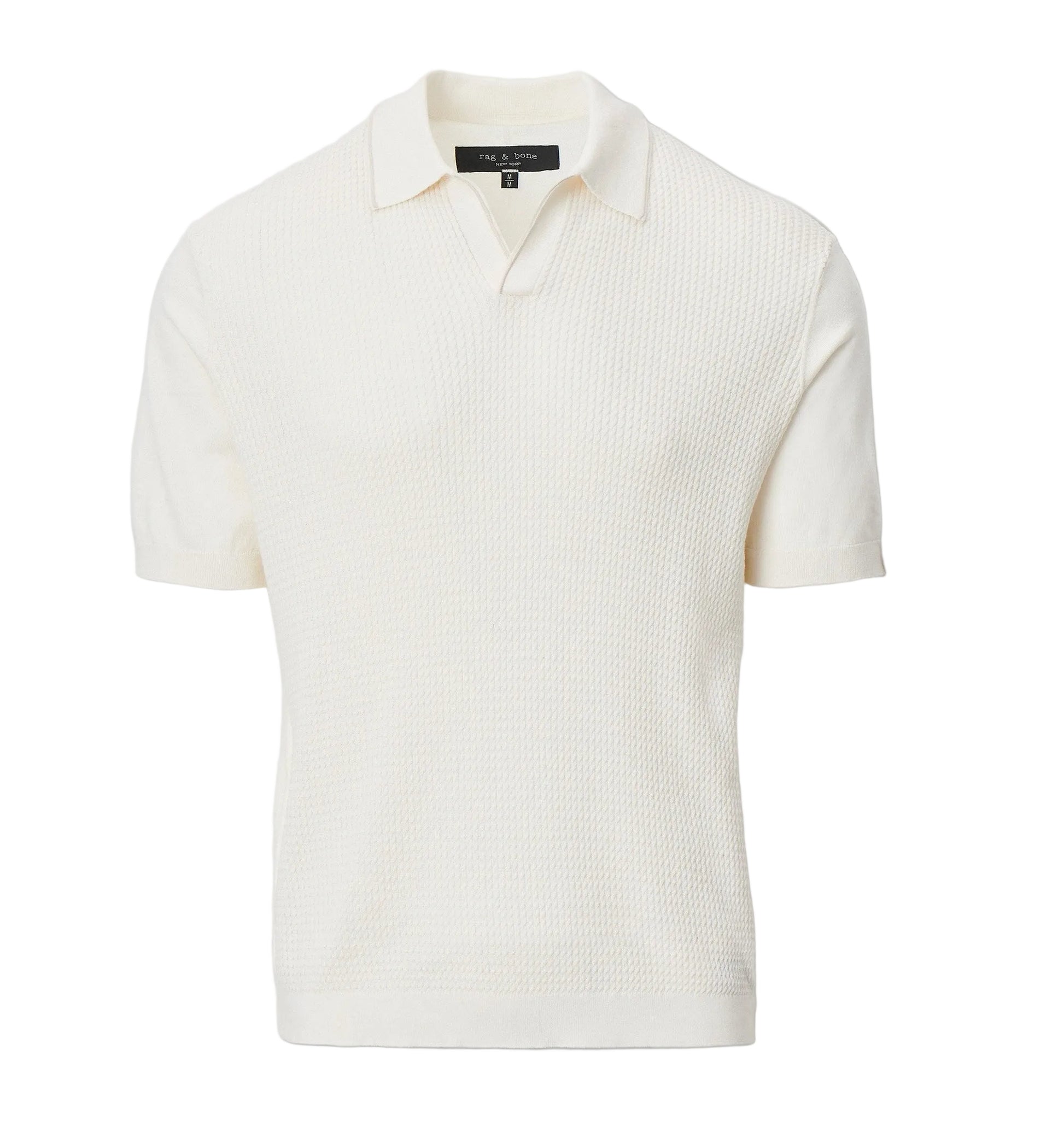 The Saxon Silk-Cotton Polo Shirt by Rag & Bone is a white short-sleeve knit polo with a textured pattern, ribbed cuffs and hem, and a refined Johnny collar, crafted from a silk-cotton blend.