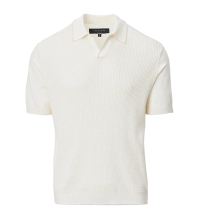 The Saxon Silk-Cotton Polo Shirt by Rag & Bone is a white short-sleeve knit polo with a textured pattern, ribbed cuffs and hem, and a refined Johnny collar, crafted from a silk-cotton blend.