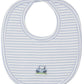 The Kissy Kissy Fairway Foursome Striped Bib, made from soft Pima cotton, features a charming embroidered golf cart at the bottom center—perfect for any little golf enthusiast.