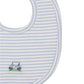 The Kissy Kissy Fairway Foursome Striped Bib, by Kissy Kissy, is a charming bib in blue and white stripes made from soft Pima cotton with an embroidered golf cart motif.