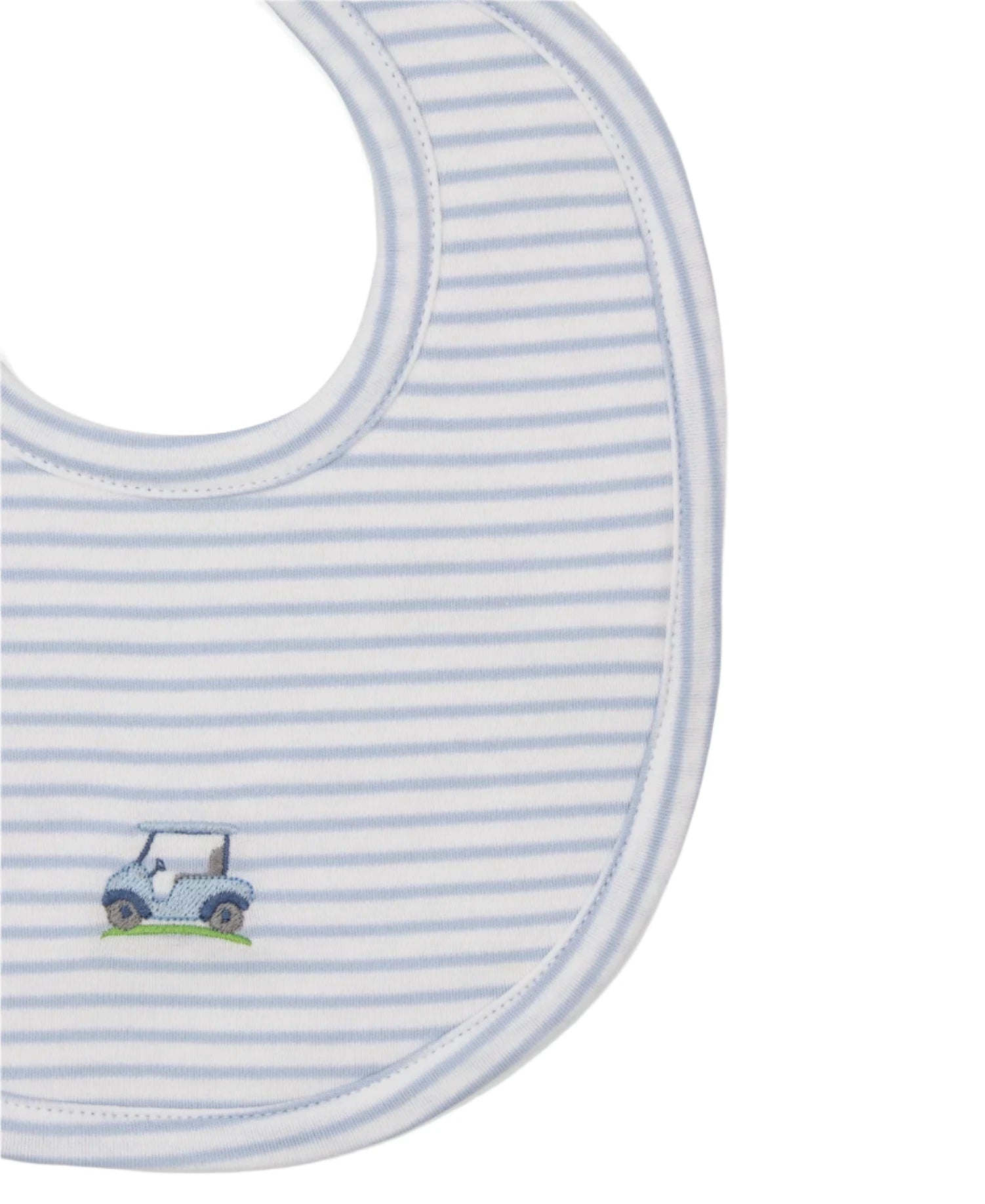 The Kissy Kissy Fairway Foursome Striped Bib, by Kissy Kissy, is a charming bib in blue and white stripes made from soft Pima cotton with an embroidered golf cart motif.