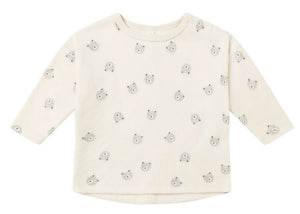 The Quincy Mae Baby Long Sleeve Tee is made from organic brushed cotton in off-white, featuring a playful print of small gray animal faces.