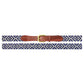 The Scarsdale Belt by Smathers & Branson features a woven geometric blue and white pattern with brown Italian leather accents and a brass buckle, shown laid flat on a white background.