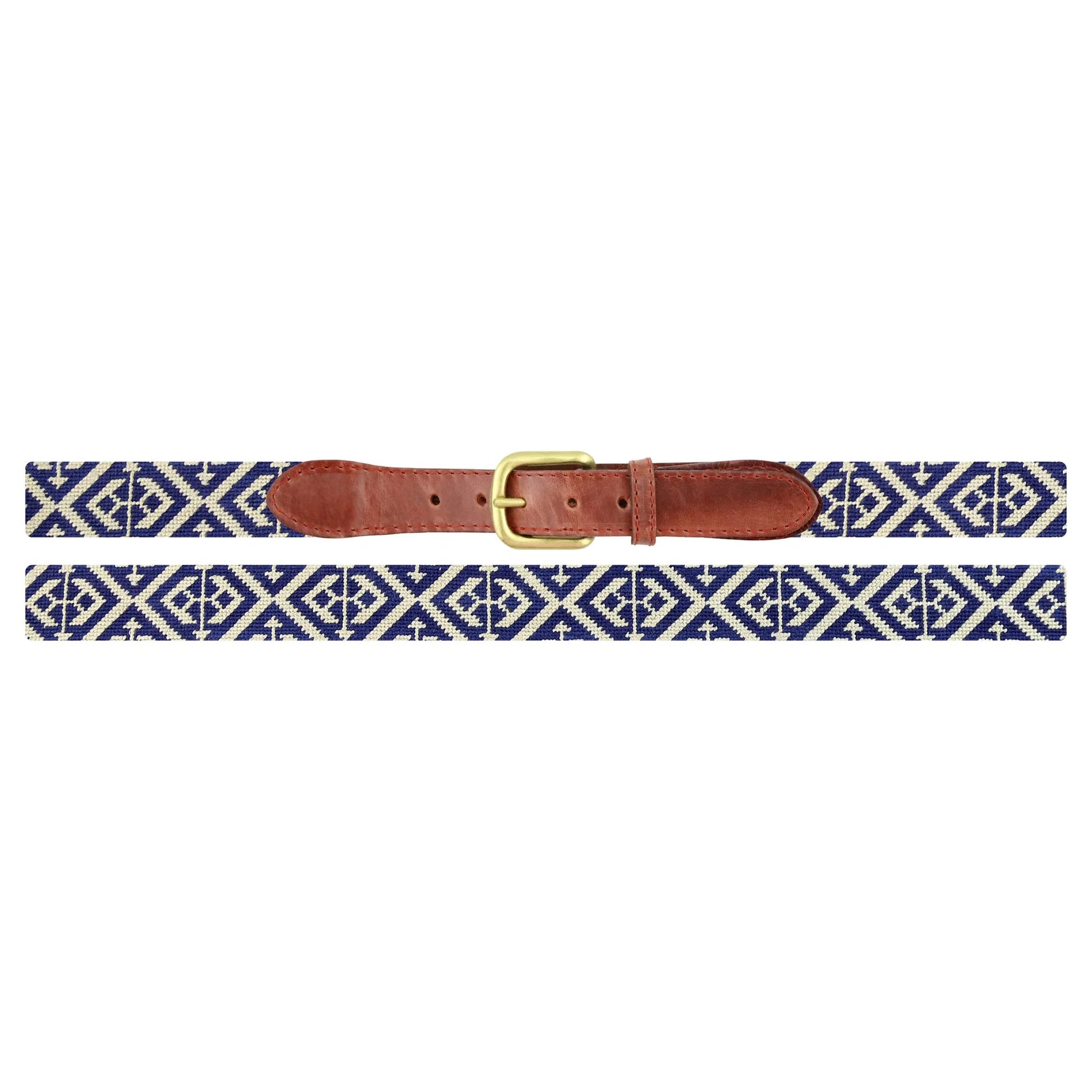 The Scarsdale Belt by Smathers & Branson features a woven geometric blue and white pattern with brown Italian leather accents and a brass buckle, shown laid flat on a white background.