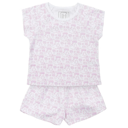 The Lila & Hayes Girls' Emery Short Set is crafted from soft Pima cotton and includes a short-sleeve shirt and shorts, both adorned with a subtle pink bear print pattern.