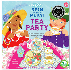 Two girls having tea at a decorated table with pastries and a teapot set. The Eeboo Tea Party Spinner Game is perfect for ages 3 and up, making teatime extra fun!.