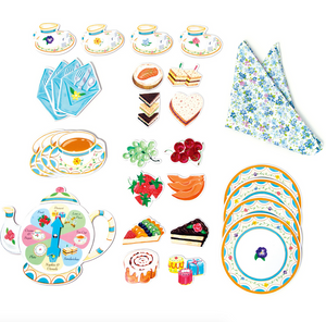 Eeboo’s Tea Party Spinner Game features illustrated cups, plates, napkins, a teapot spinner, treats, sandwiches, fruit, desserts, soup, and orange slices—all arranged on a white background.