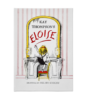 Book cover of "Eloise, Leather" by Kay Thompson, illustrated by Hilary Knight. Eloise sits on a red chair at the Plaza Hotel, facing a large mirror with pink striped wallpaper in the background. Presented by Graphic Image.
