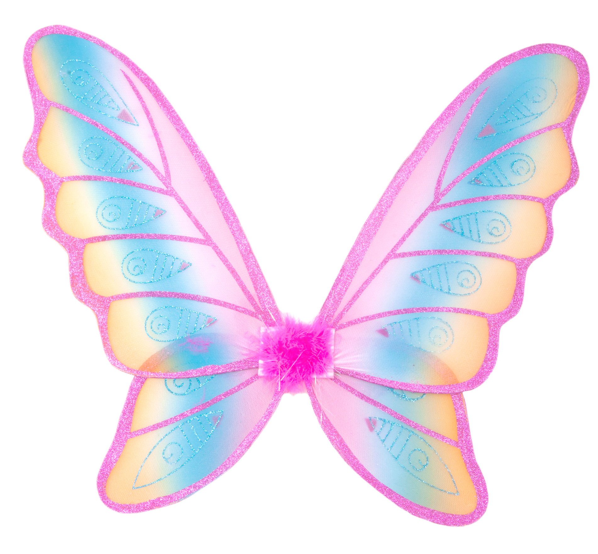 The Great Pretenders Hot Pink Glitter Rainbow Wings feature pink edges, blue and yellow gradient sections, a fluffy pink center, and satin-lined elastic for a comfy fit.