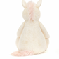 Back view of Jellycat Bashful Unicorn, Giant by Jellycat, a plush toy featuring vanilla fur with a white body and pale pink mane and tail, sitting upright with a holographic horn gleaming.