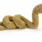 A Jellycat Slither Snake designed to resemble a coiled Slither Snake with a textured, beige body and a smiling face.