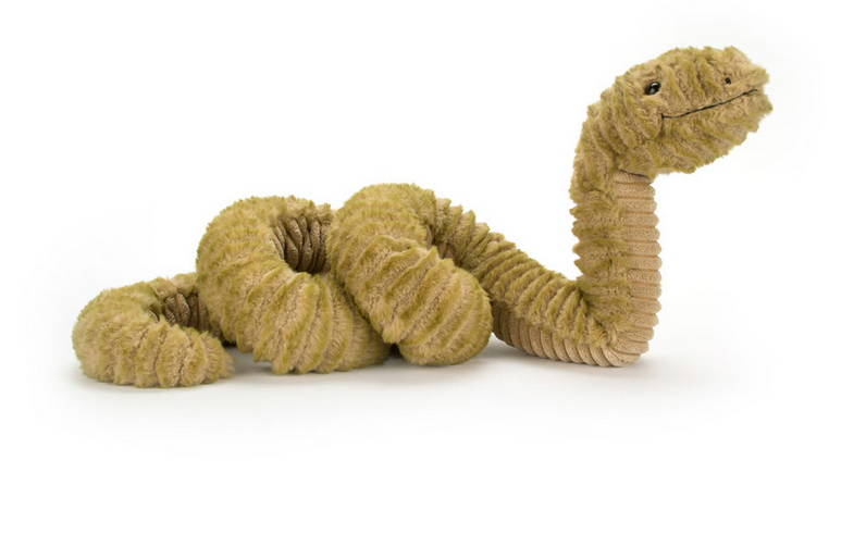 A Jellycat Slither Snake designed to resemble a coiled Slither Snake with a textured, beige body and a smiling face.