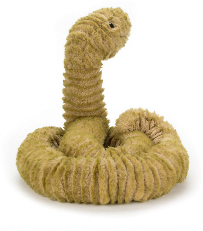 A plush toy shaped like a coiled snake with a raised head, made from a soft, light brown material. The Jellycat Slither Snake is crafted from polyester for a cuddly yet durable textured snake toy experience.