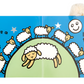 An open Jellycat If I Were a Lamb Board Book with an illustration of lambs on a hill, stars, and a smiling moon. It reads "If I were a lamb and I couldn't get to sleep, I would lie on the hill and count sheep!" Soft fleece textures make it perfect for newborns and upwards.