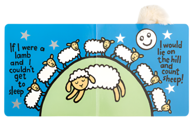 An open Jellycat If I Were a Lamb Board Book with an illustration of lambs on a hill, stars, and a smiling moon. It reads "If I were a lamb and I couldn't get to sleep, I would lie on the hill and count sheep!" Soft fleece textures make it perfect for newborns and upwards.