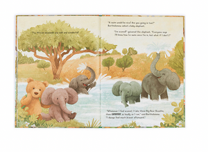 An illustrated children's book page depicts Bartholomew Bear and three elephants playing in a river. Text on the right reads a dialogue between the characters discussing swimming and bravery, reminding readers that it's a "Jellycat It's a Big World Bartholomew Book" by Jellycat.