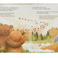 Two illustrated bears, Bartholomew Bear and a smaller cub, wave to a flock of birds flying south over an autumn forest scene. Text on the pages discusses the birds' migration and Grandpa's past experiences in "Jellycat It's a Big World Bartholomew Book" by Jellycat.