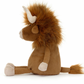 A sitting brown plush toy with silky fur, a shaggy mane, two small horns, and a long tail, viewed from the side. Meet Jellycat Ramone Bull by Jellycat.