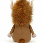 A plush toy resembling a Jellycat Ramone Bull with brown silky fur, small beige horns, and a short tail, viewed from the back.