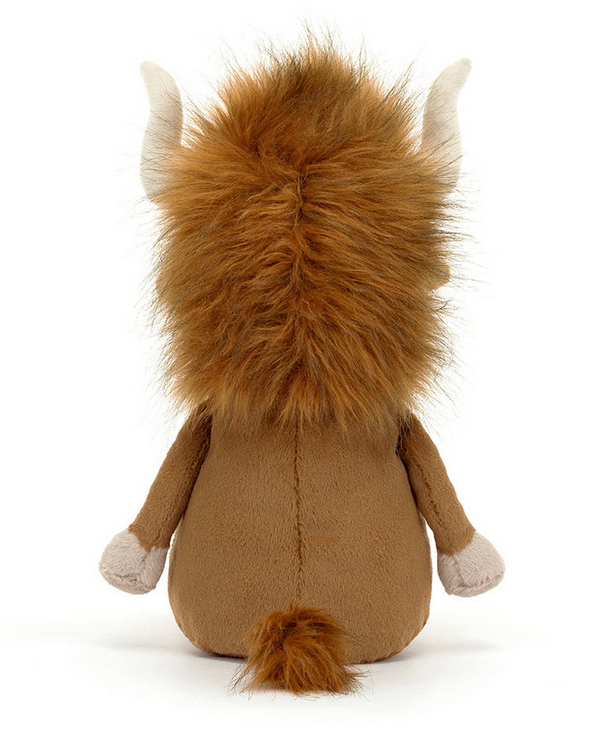 A plush toy resembling a Jellycat Ramone Bull with brown silky fur, small beige horns, and a short tail, viewed from the back.