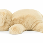 A Jellycat Wanderlust from Jellycat resembling a beige dog lying flat with its head turned to the side and all four legs spread out, perfect for any wanderlust elly seeking a chilled softie companion.