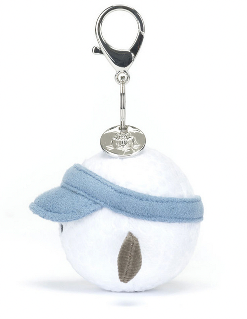 A delightful Jellycat Amuseables Sports Golf Bag Charm, perfect as a golf bag charm or golf fan gift, with a metal clasp attached to a round metallic tag.