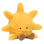 A plush yellow Jellycat Amuseables Sun, Medium toy with eight rays, two black eyes, a small smiling mouth, and cheery cordy chocolate feet, sitting upright on a white background. This cuddly bundle brings warmth and joy to any room.