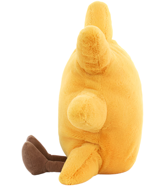 A cheery round plush toy with small chocolate feet, the Jellycat Amuseables Sun, Medium is a cuddly bundle of joy, viewed from behind with no visible facial features.