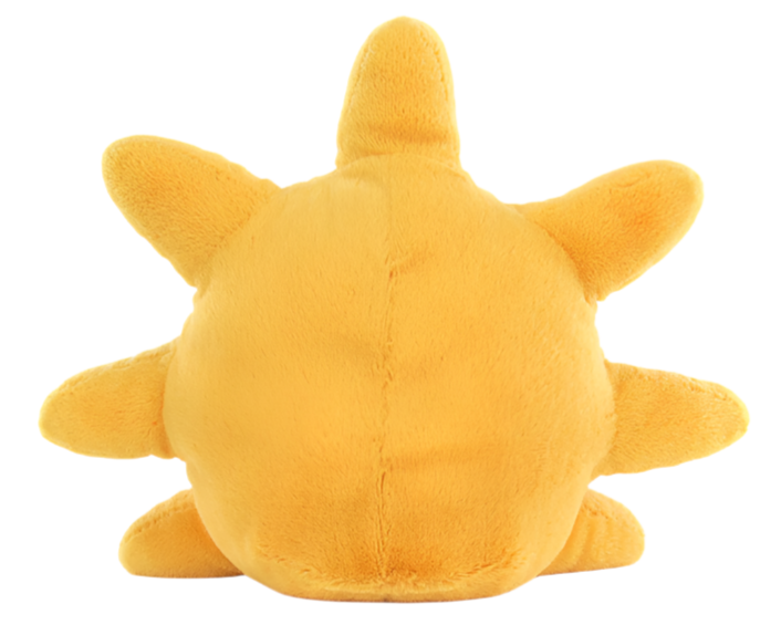 A cuddly bundle, the Jellycat Amuseables Sun, Medium plush toy is shaped like a yellow-orange sun with rays, shown from the back.
