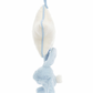 A **Jellycat Bashful Blue Bunny Musical Pull** with a white tail, reminiscent of the **Bashful Silver Bunny**, hangs upside down from a white object by a blue loop.