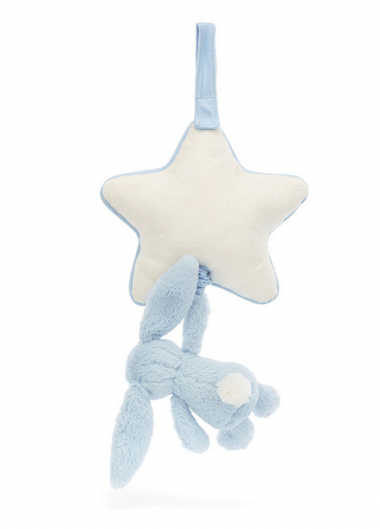 A soft blue and white star-shaped mobile with a hanging Jellycat Bashful Blue Bunny Musical Pull, perfect as a newborn gift.