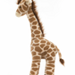 The Jellycat Dara Giraffe, a soft toy with a light brown body, dark brown spots, and a dark brown mane, stands proudly on four legs against a white background. This charming stuffed giraffe makes an adorable nursery mascot.