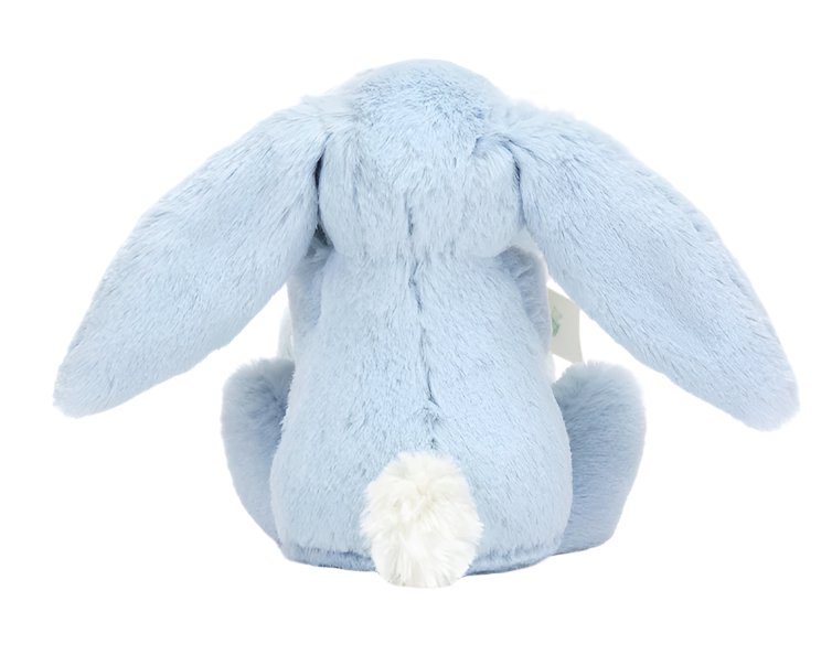 A Jellycat Bashful Blue Bunny Soother viewed from the back, featuring long floppy ears and a small white tail, makes an ideal newborn gift crafted from recycled fibers.