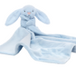 This Jellycat Bashful Blue Bunny Soother is a charming newborn gift—a light blue plush blanket crafted from recycled fibers, featuring a bunny head with long ears and a pink nose.