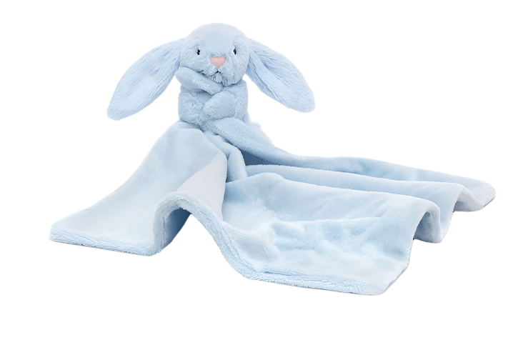 This Jellycat Bashful Blue Bunny Soother is a charming newborn gift—a light blue plush blanket crafted from recycled fibers, featuring a bunny head with long ears and a pink nose.