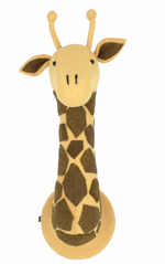 The Fiona Walker Giraffe Head Wall Decoration - Large, by Fiona Walker, with its organic wool design featuring brown patches, an elongated neck, two small horns, and large ears, brings a whimsical touch to your space.