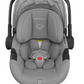 The UPPAbaby Aria Carseat in gray includes an adjustable headrest, padded straps, safety indicators, SmartSecure® technology, and an extra-large canopy.