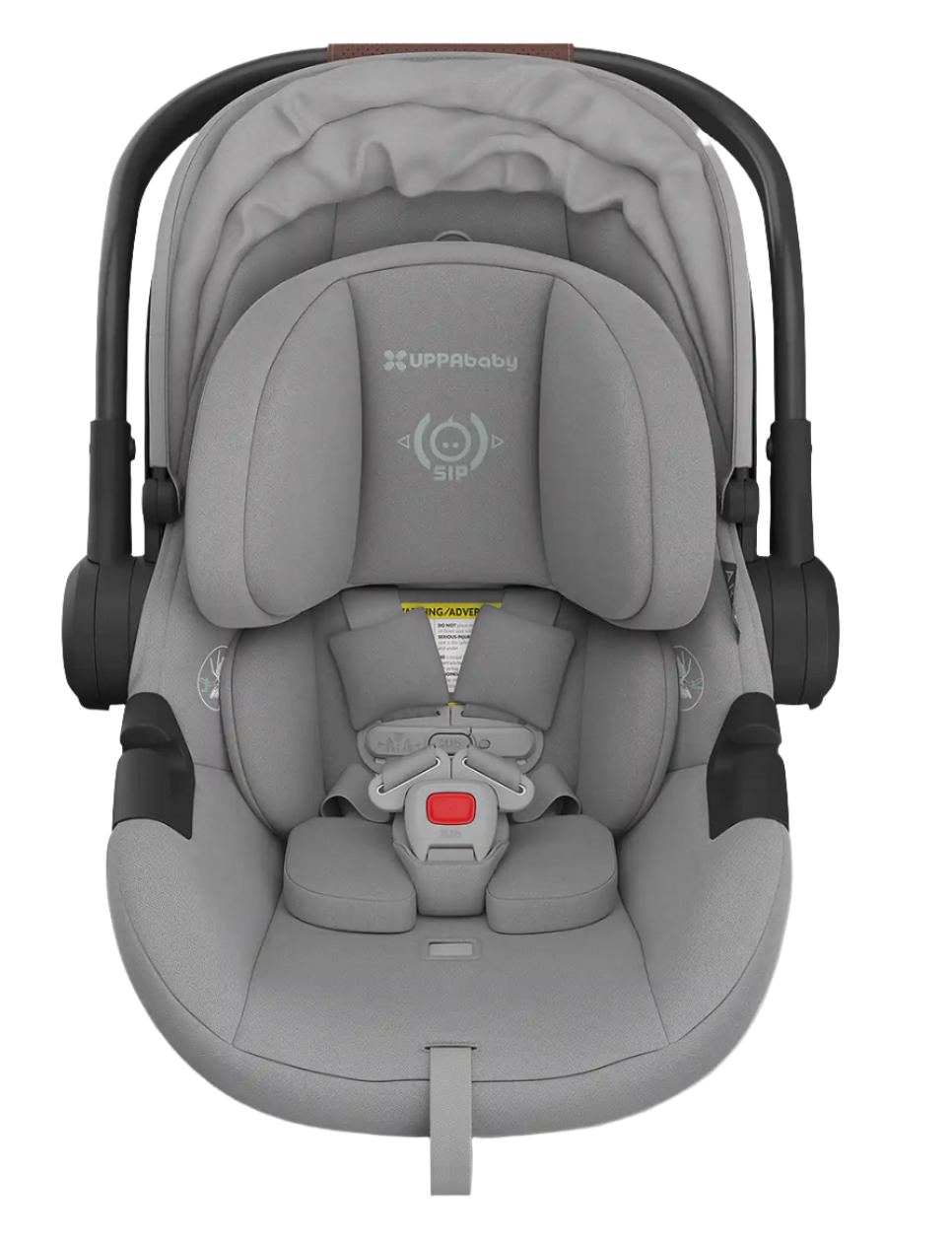 The UPPAbaby Aria Carseat in gray includes an adjustable headrest, padded straps, safety indicators, SmartSecure® technology, and an extra-large canopy.