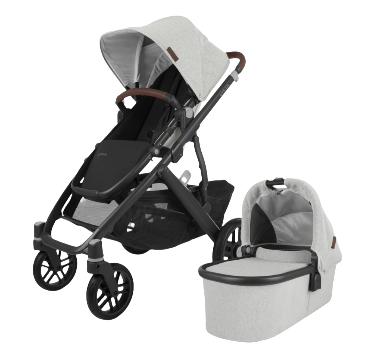 The UPPAbaby Vista V2 Stroller by UPPAbaby is shown in black and grey alongside a matching bassinet attachment. Designed to accommodate children up to 50 lbs, this stroller features multiple configurations, a canopy with a UPF 50+ sunshade, a padded seat, and a storage basket.