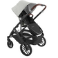 The UPPAbaby Vista V2 Stroller from UPPAbaby is a stylish silver and black baby stroller with a brown leather handle, featuring a canopy, large storage basket, four wheels, and a convenient bassinet for your little one.