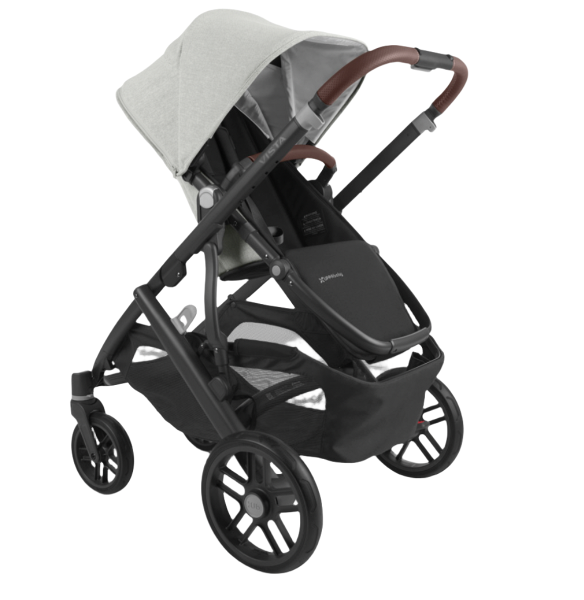 The UPPAbaby Vista V2 Stroller from UPPAbaby is a stylish silver and black baby stroller with a brown leather handle, featuring a canopy, large storage basket, four wheels, and a convenient bassinet for your little one.