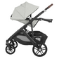 A side view of a grey UPPAbaby Vista V2 Stroller, featuring a canopy, black frame, and a storage basket underneath, showcasing versatile stroller configurations.