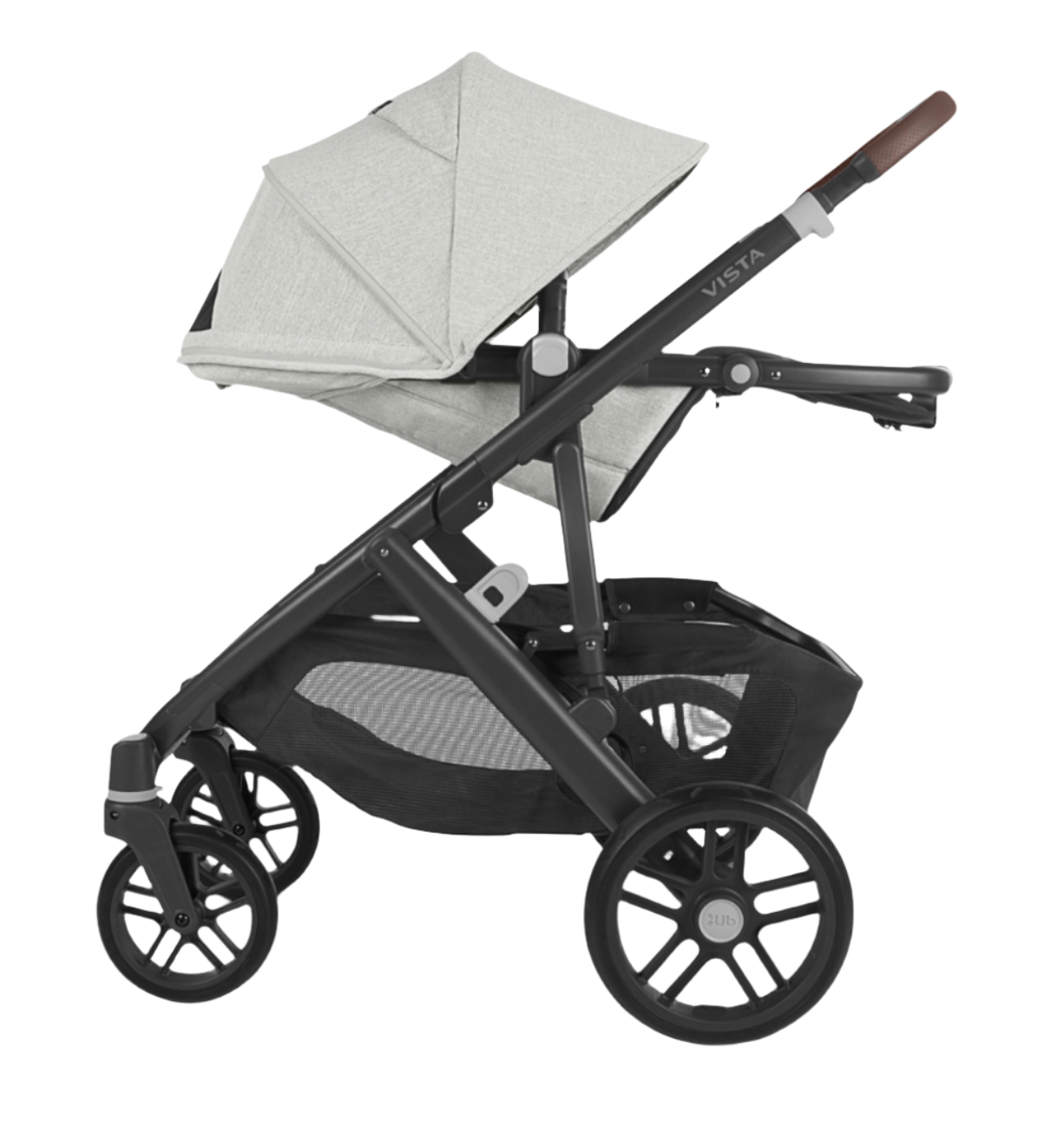 A side view of a grey UPPAbaby Vista V2 Stroller, featuring a canopy, black frame, and a storage basket underneath, showcasing versatile stroller configurations.