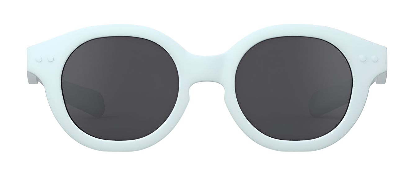 A pair of IZIPIZI #C Polarized Sunglasses for kids featuring light blue frames and dark, polarized lenses offering UV protection.