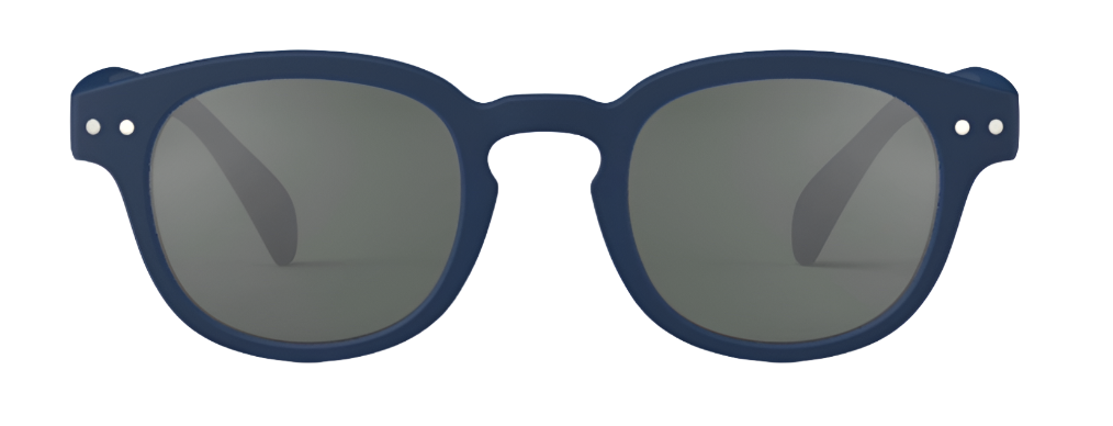 The IZIPIZI #C Polarized Sunglasses by IZIPIZI are a pair of children's sunglasses featuring dark green lenses, a dark blue frame, and a round design that provide excellent UV protection.