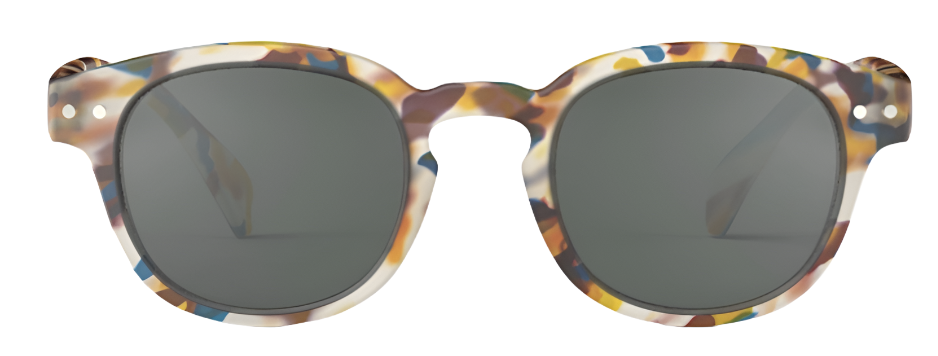 Front view of the IZIPIZI #C Polarized Kids Sunglasses by IZIPIZI, featuring round, polarized lenses and a multicolored patterned frame, offering complete UV protection.