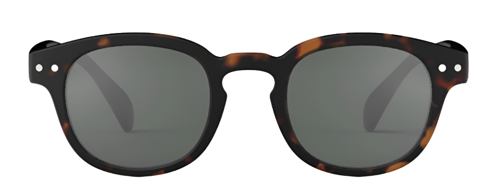 Introducing the IZIPIZI #C Polarized Sunglasses, a stylish pair of tortoiseshell kids sunglasses featuring dark polarized lenses and a keyhole bridge design, viewed from the front, that offer excellent UV protection.