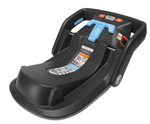 Image of an UPPAbaby MESA & Mesa V2 Infant Carseat Base with blue and orange accents. The base, manufactured by UPPAbaby, features adjustment buttons, instructional labels, and a secure SmartSecure System, making it ideal for use in multiple family vehicles.